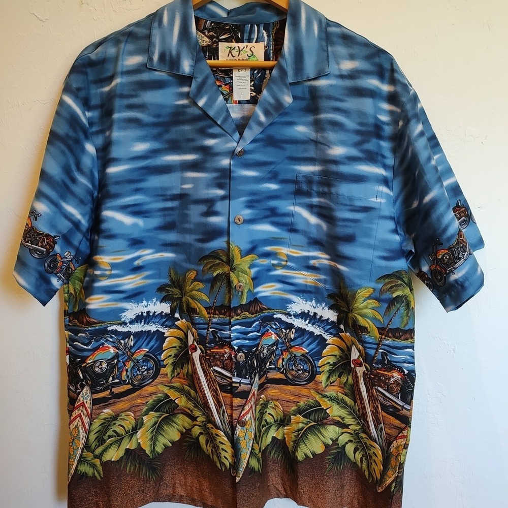 KY's Men Large Hawaiian Button Down Shirt Motorcycle Print‎ Pocket 100% Cotton